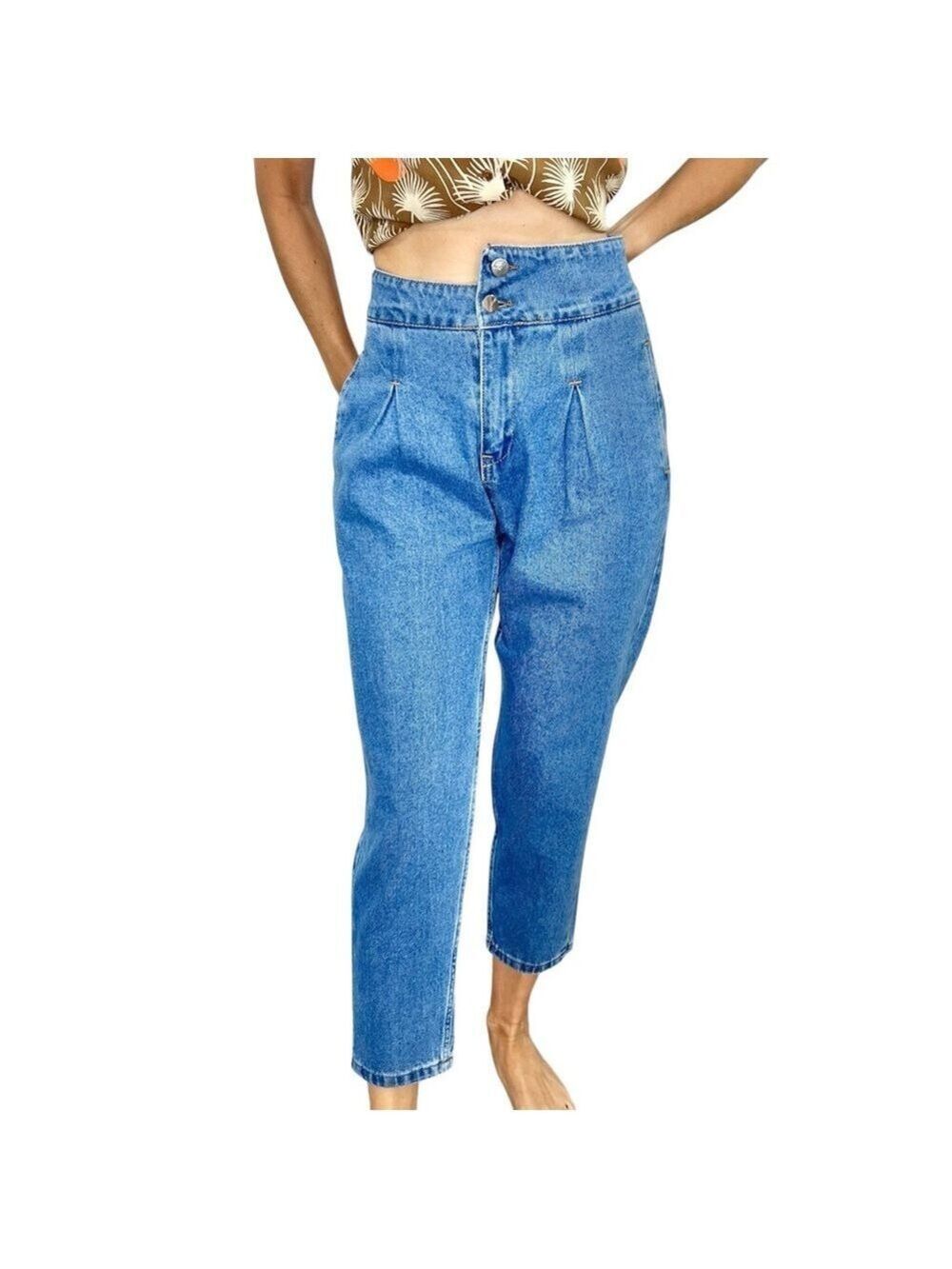 Blue ZER Turkey 100% cotton high rise asymmetrical waist pleated ankle jeans L